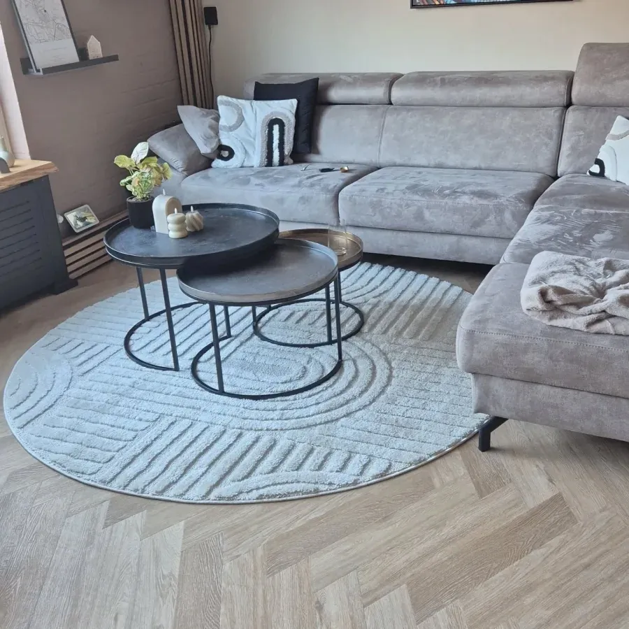 Woonkamer met visgraatvloer en vloerkleed
